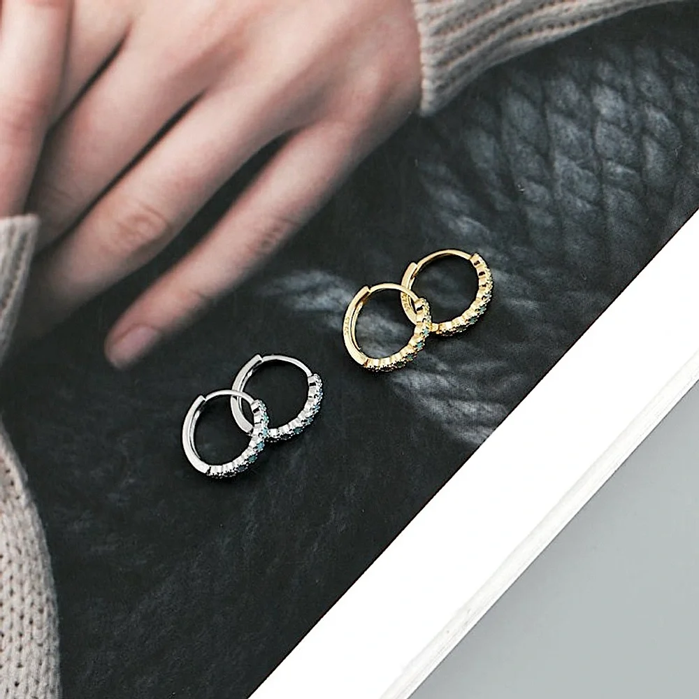 NEW Mens‎ Unisex Turquoise 925 Sterling Silver Hoop Earrings, 9mm